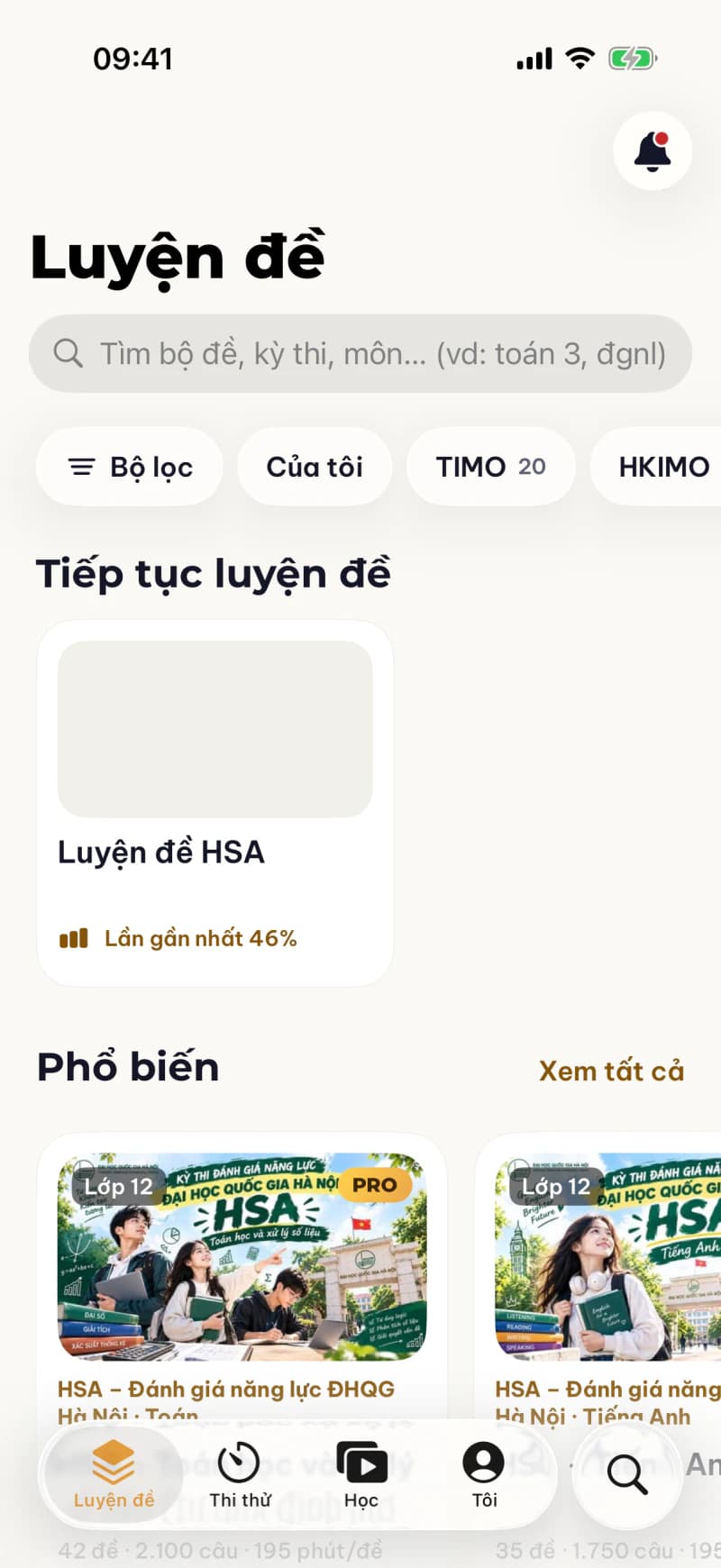Tab Luyện đề trong ứng dụng Học Đi