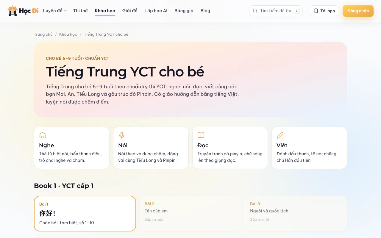 Khoá Tiếng Trung YCT cho bé