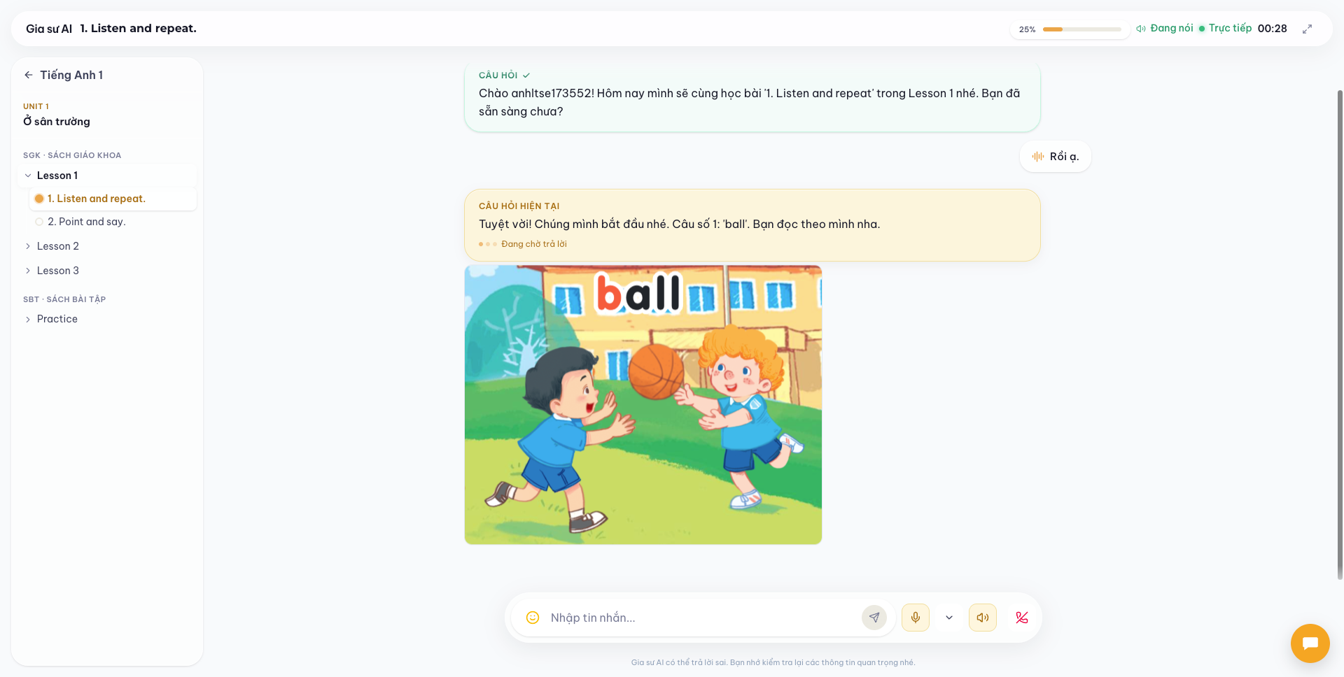 Giao diện Gia sư AI Tiếng Anh tương tác giọng nói trên Học Đi